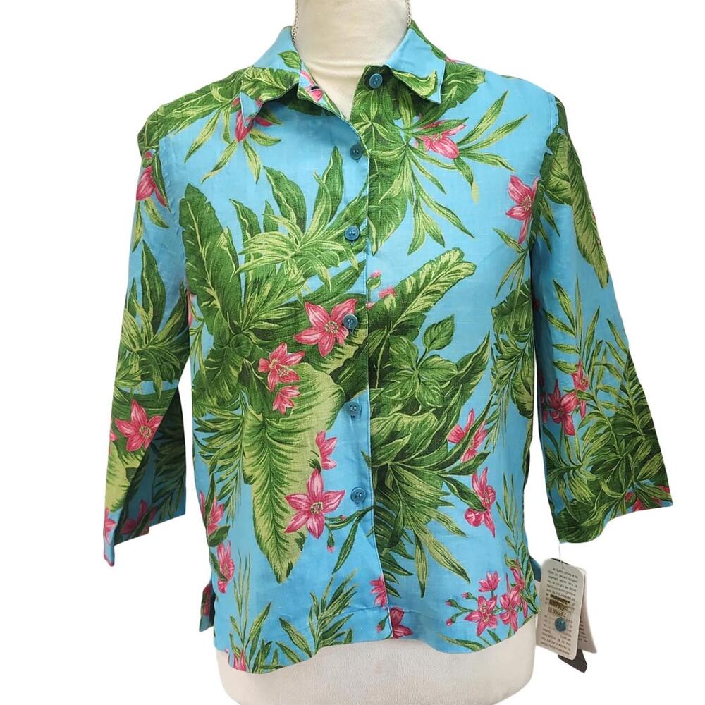 Jones New York. 90s, Hawaiian Print Linen Blouse. SP